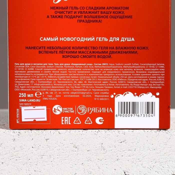 Подарочный набор косметики &laquo;С Новым Годом!&raquo;, гель для душа 250 мл и мочалка для тела, ЧИСТОЕ СЧАСТЬЕ