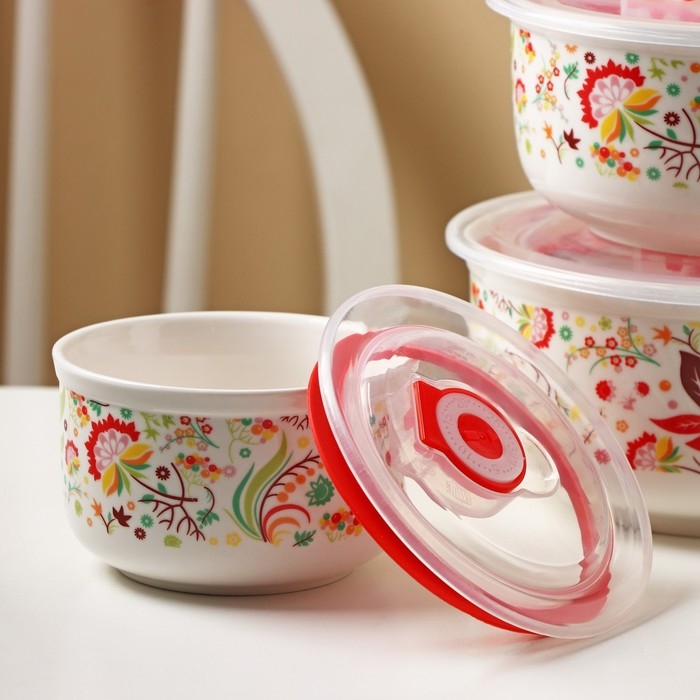 Набор салатников керамических с вакуумными крышками &laquo;Ирена&raquo;, 3 предмета: 300 мл, 600 мл, 900 мл