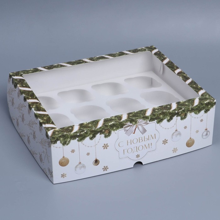 Коробка складная на 12 капкейков с окном &laquo;С Новым годом!&raquo; 32,8 х 25,6 х 10 см, Новый год