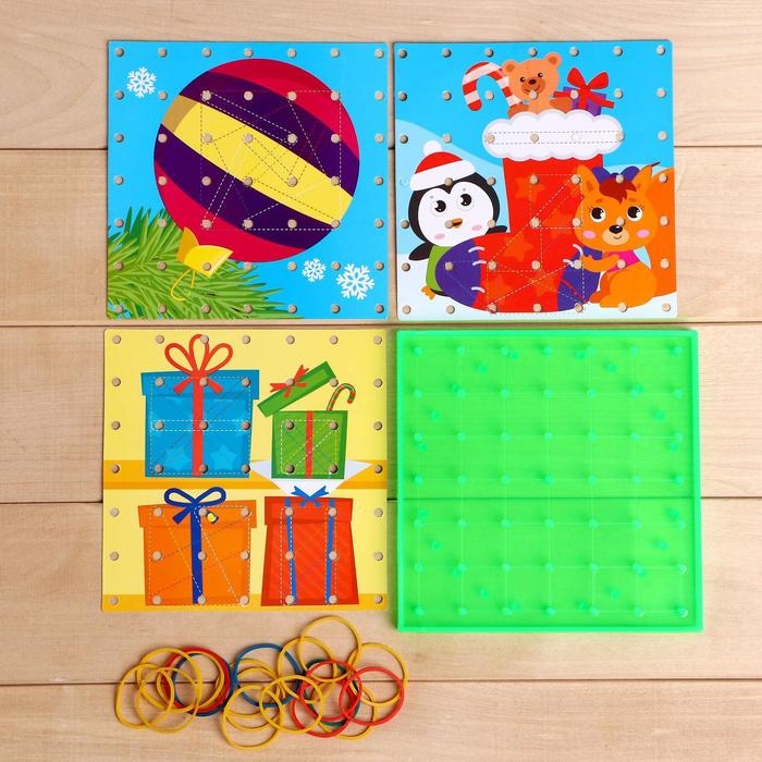 Геоборд &laquo;Новогодние задания&raquo; со сменными картинками и резиночками, МИКС