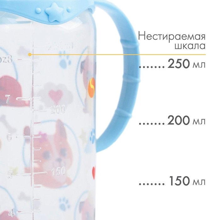 Бутылочка для кормления «ТРЕНД. Песики», классическое горло, 250 мл., от 3 мес., цилиндр, с ручками, цвет голубой Бутылочка для кормления «ТРЕНД. Песики», классическое горло, 250 мл., от 3 мес., цилиндр, с ручками, цвет голубой