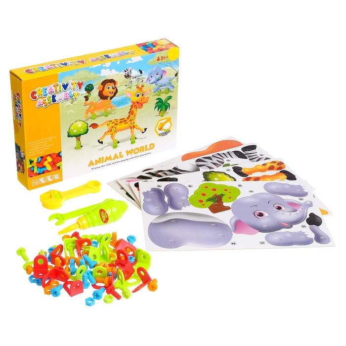 Конструктор винтовая мозаика &laquo;Животные сафари&raquo;, 4 карточки, 3 инструмента