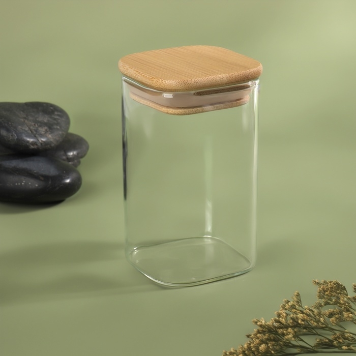 Органайзер для хранения ватных палочек &laquo;BAMBOO&raquo;, с крышкой, 10 &times; 6 &times; 6 см, в картонной коробке, цвет прозрачный/коричневый