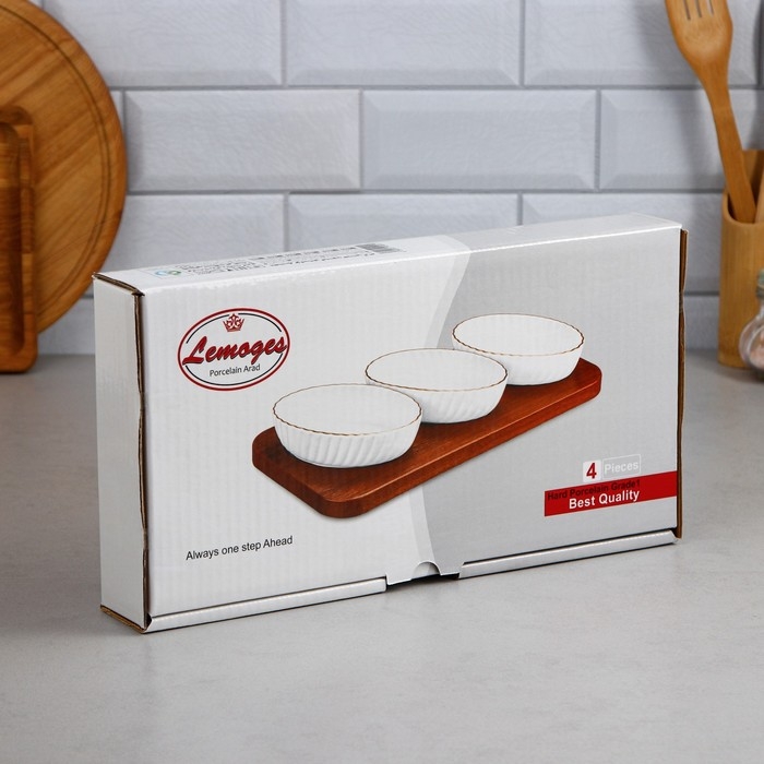 Менажница «Кармен», 3 шт: 250 мл, овальная, деревянное основание, фарфор, Иран Менажница «Кармен», 3 шт: 250 мл, овальная, деревянное основание, фарфор, Иран