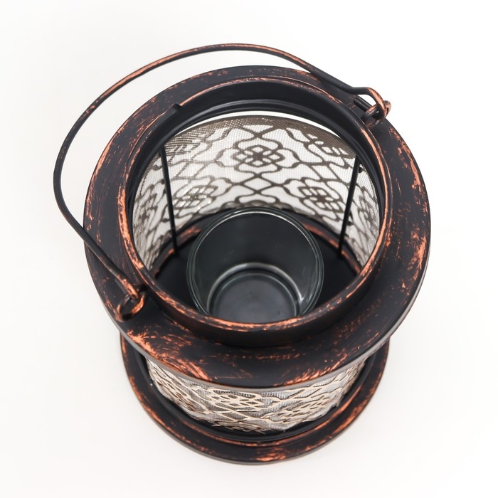 Подсвечник металл, стекло на 1 свечу Подсвечник металл, стекло на 1 свечу "Узор на фонаре" патина на чёрном ручка 18х13,5х13,5 см 78228