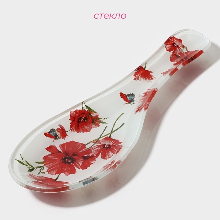 Подставка стеклянная под ложку Доляна &laquo;Красные маки&raquo;, 23,5&times;8,3&times;1,5 см