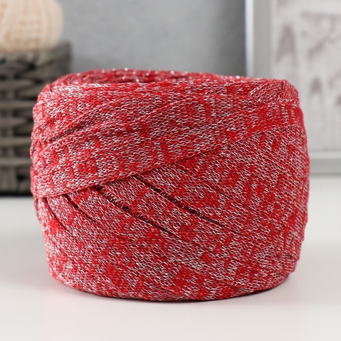 Трикотажная пряжа "Риббон" с люрексом 85м/170&plusmn;5 гр ( Красный, люрекс: Серебро)