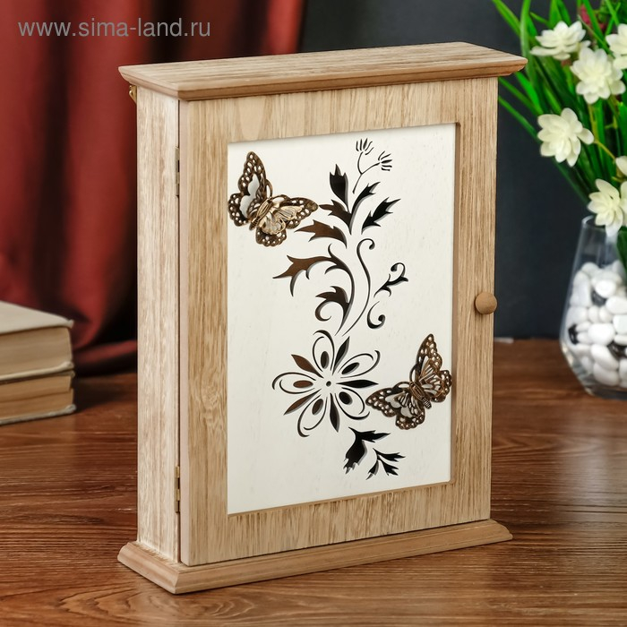 Ключница дерево 6 крючков "Бабочки на цветке" 25,5х6,5х20,5 см