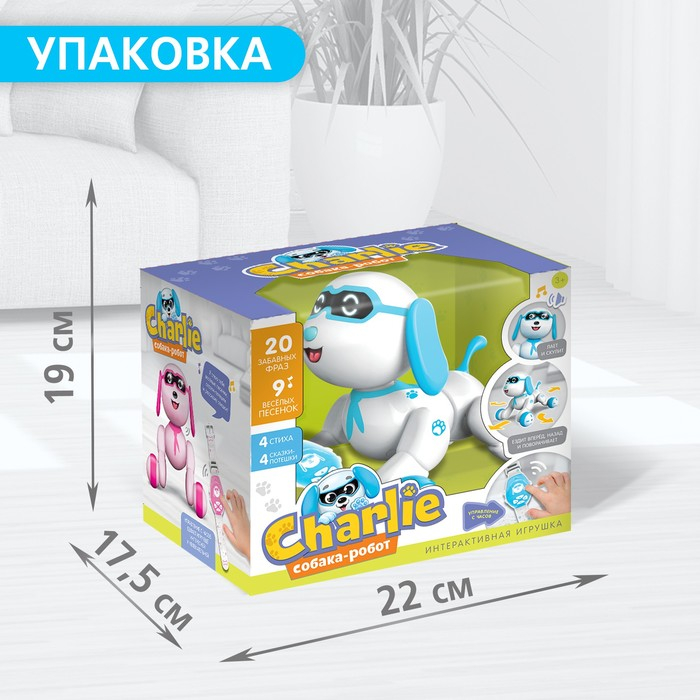 Робот собака Charlie IQ BOT, на пульте управления, интерактивный: звук, свет, танцующий, музыкальный, на батарейках, на русском языке, бело-голубой Робот собака Charlie IQ BOT, на пульте управления, интерактивный: звук, свет, танцующий, музыкальный, на батарейках, на русском языке, бело-голубой