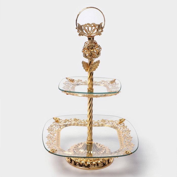 Этажерка - фруктовница квадратная &laquo;Расцвет&raquo;, 2 яруса, d=18/29 см, высота 49 см, стекло