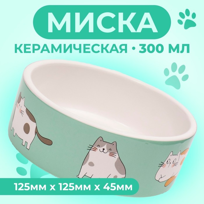 Миска керамическая Миска керамическая "Котяры" 300 мл 12,5 x 4,5 cм, бело-зелёная
