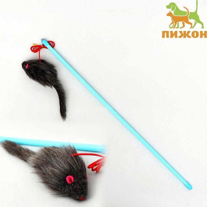 Дразнилка-удочка с серой мышью, палочка микс цветов Дразнилка-удочка с серой мышью, палочка микс цветов