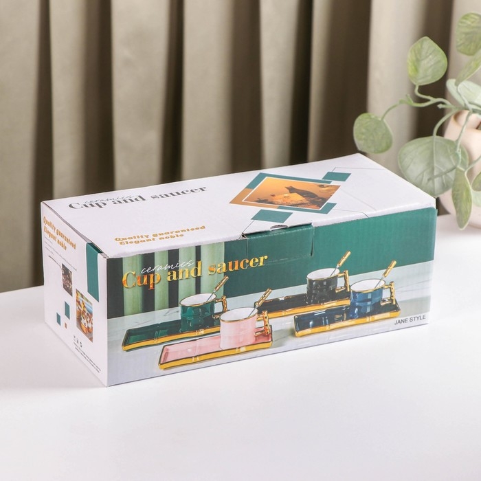 Чайная пара керамическая с ложкой &laquo;Сладкая вата&raquo;, 2 предмета: кружка 200 мл, блюдце 24&times;11 см, цвет чёрный