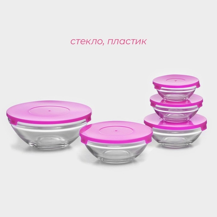 Набор стеклянных салатников с крышками Доляна &laquo;Классика&raquo;, 5 предметов: 100 мл, 200 мл, 300 мл, 400 мл, 850 мл, цвет фиолетовый