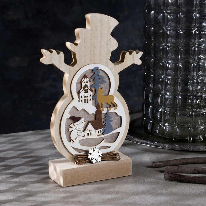 Светодиодная фигура &laquo;Снеговичок&raquo; 12 &times; 23 &times; 5 см, дерево, батарейки АААх2 (не в комплекте), свечение тёплое белое