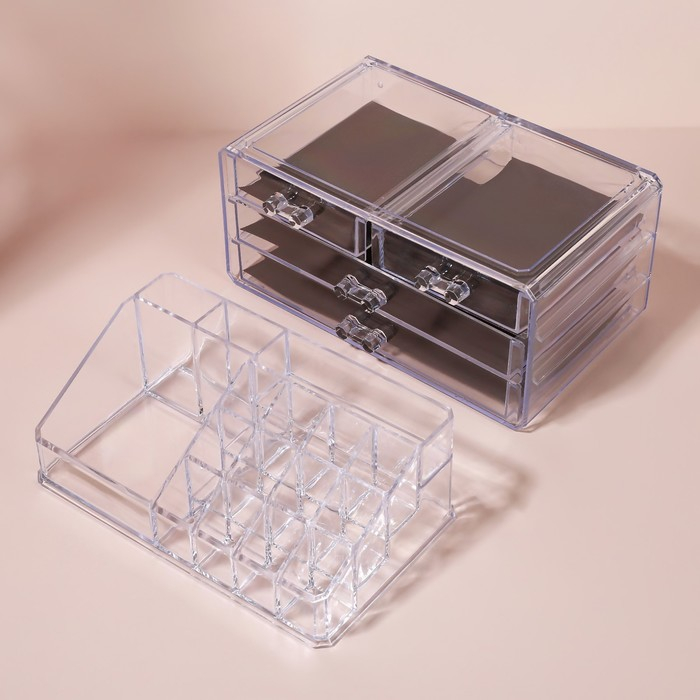 Бокс для хранения маникюрных/косметических принадлежностей, 20 секций, 23,5 &times; 14,5 &times; 19 см, 4 выдвижных ящика, цвет прозрачный
