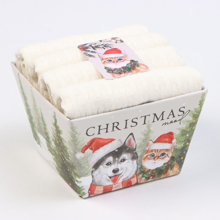 Набор кухонных полотенец Доляна, цв. белый, 35х60 см - 4шт, 100% хл, вафля 220 г/м2