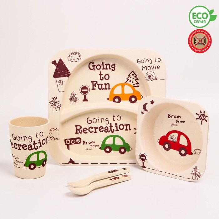 Набор бамбуковой посуды «Машинки», тарелка, миска, стакан, приборы, 5 предметов Набор бамбуковой посуды «Машинки», тарелка, миска, стакан, приборы, 5 предметов