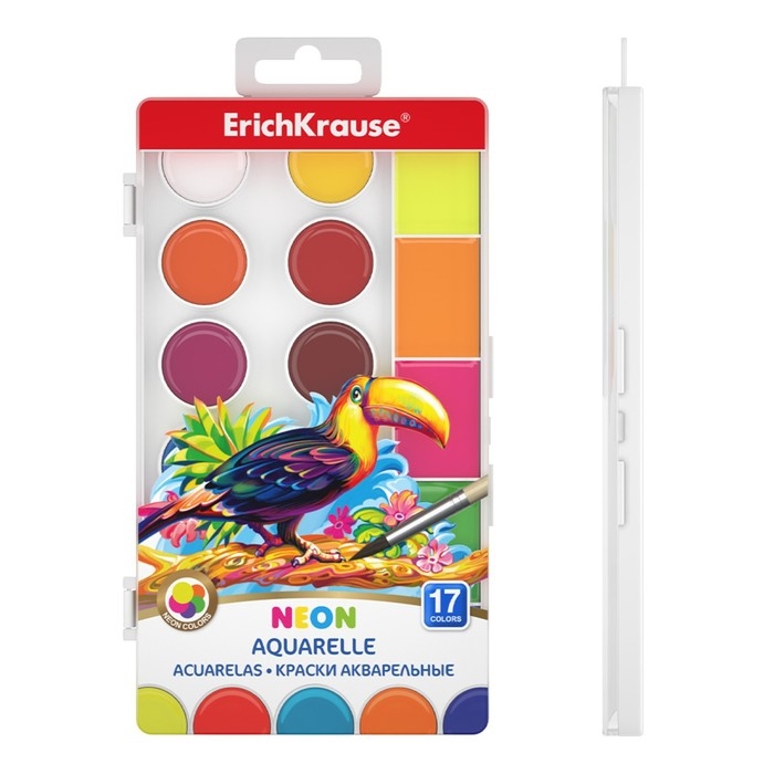 Акварель 17 цветов ErichKrause ArtBerry Neon, неоновая палитра с УФ-защитой, супер яркие, с увеличенными кюветами, европодвес, без кисти Акварель 17 цветов ErichKrause ArtBerry Neon, неоновая палитра с УФ-защитой, супер яркие, с увеличенными кюветами, европодвес, без кисти