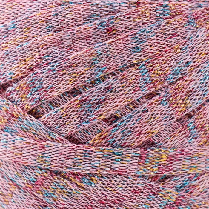 Трикотажная пряжа "Риббон" с люрексом 85м/170&plusmn;5 гр (Розовый, люрекс: Радуга)