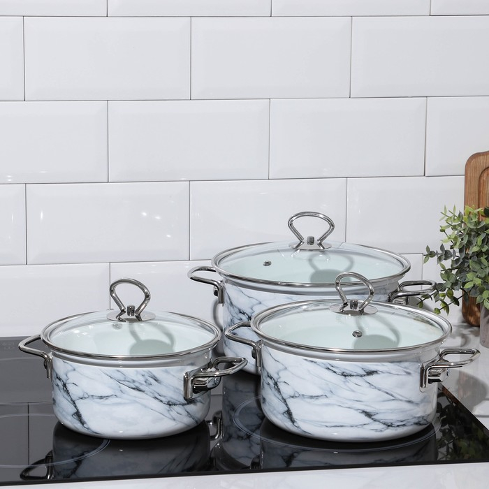 Набор эмалированных кастрюль &laquo;Белый мрамор-1-Элит&raquo;, 3 предмета: 1,9 л, 2,5 л, 3,7 л, индукция
