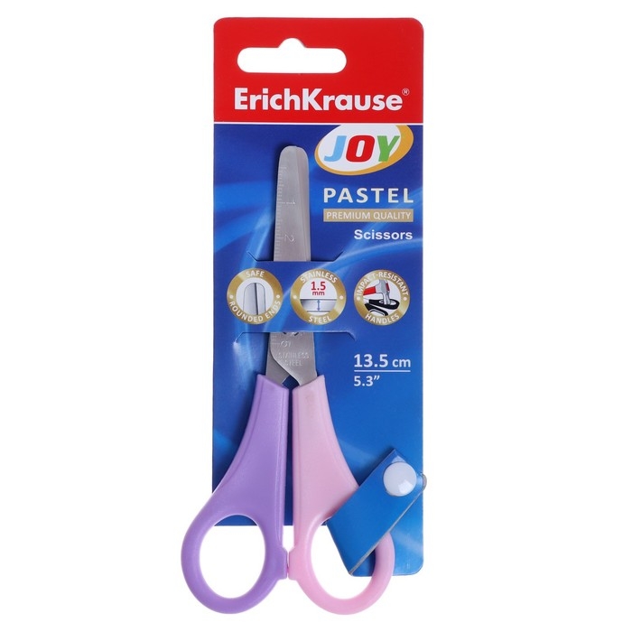 Ножницы детские ErichKrause Joy Pastel, 13.5 см, с закруглёнными концами лезвий и линейкой, блистер, МИКС