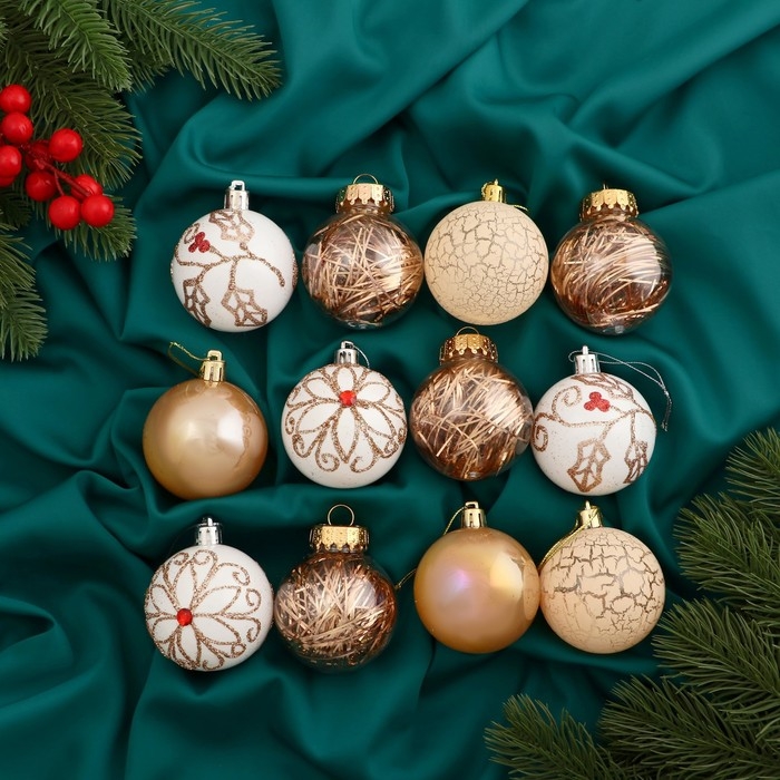 Набор шаров пластик d-6 см, 12 шт "Мелодия элит" ассорти, белый золото