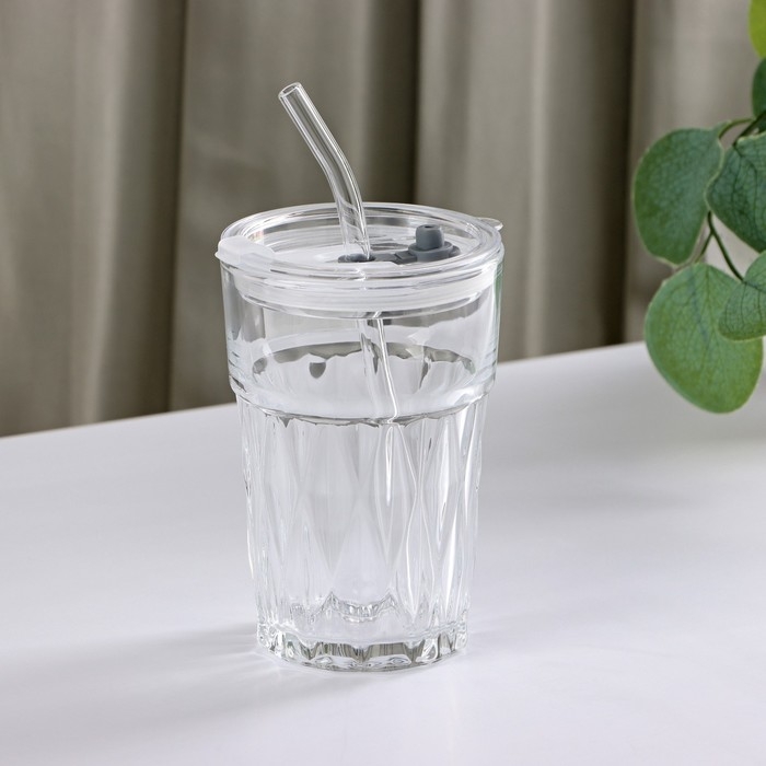 Стакан стеклянный с крышкой и трубочкой «Крона», 400 мл Стакан стеклянный с крышкой и трубочкой «Крона», 400 мл