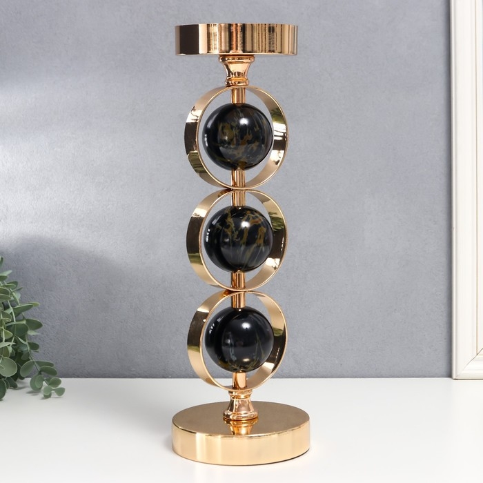 Подсвечник металл на 1 свечу Подсвечник металл на 1 свечу "Три чёрных мраморных шара в сферах" золото 37х12х12 см
