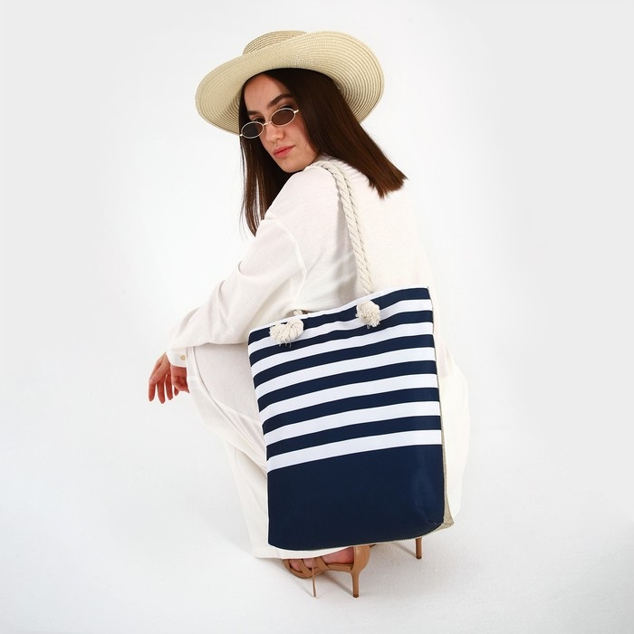 Сумка женская пляжная на молнии, цвет синий/белый