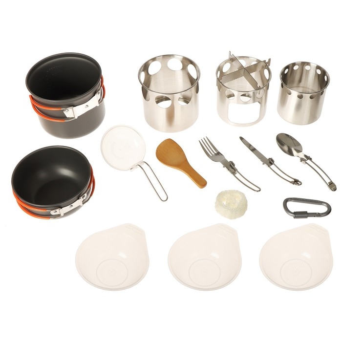 Набор туристической посуды Maclay: 2 кастрюли, приборы, печка-щепочница, карабин, 3 миски Набор туристической посуды Maclay: 2 кастрюли, приборы, печка-щепочница, карабин, 3 миски