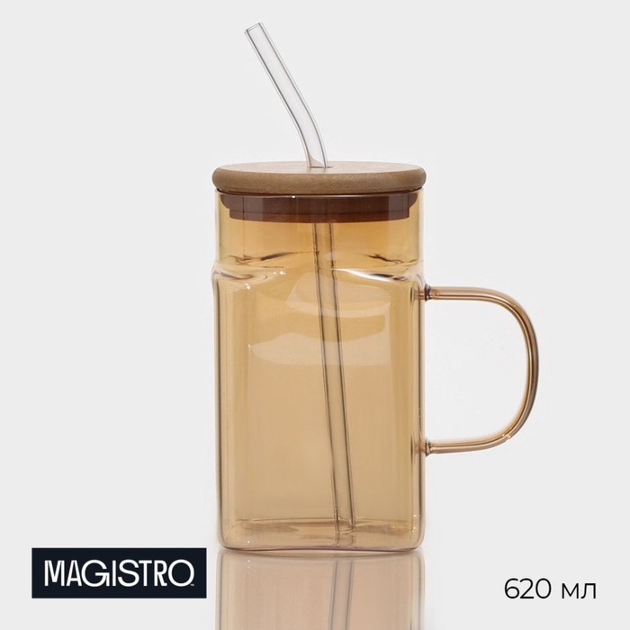 Банка стеклянная с ручкой, крышкой и трубочкой Magistro &laquo;Эко&raquo;, 620 мл, цвет золотой