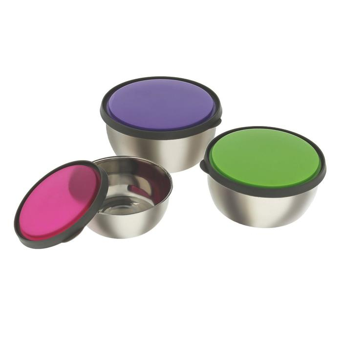 Набор салатников из нержавеющей стали с крышками «Яркая сталь», 3 шт: d=12 см, d=14 см, d=16 см, 800 мл, 600 мл, 400 мл, цвет МИКС Набор салатников из нержавеющей стали с крышками «Яркая сталь», 3 шт: d=12 см, d=14 см, d=16 см, 800 мл, 600 мл, 400 мл, цвет МИКС