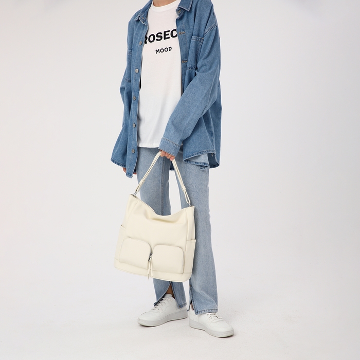 Сумка-тоут на молнии, 3 наружных кармана, цвет белый Сумка-тоут на молнии, 3 наружных кармана, цвет белый