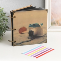 Фотоальбом на кольцах 30 листов "Фотоаппарат на плитке" чёрные листы 18х18 см