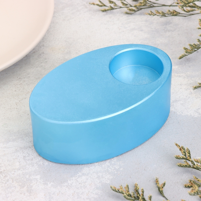 Подсвечник "Узкий овал. Мрамор" из гипса,11,5х7х4см,голубой