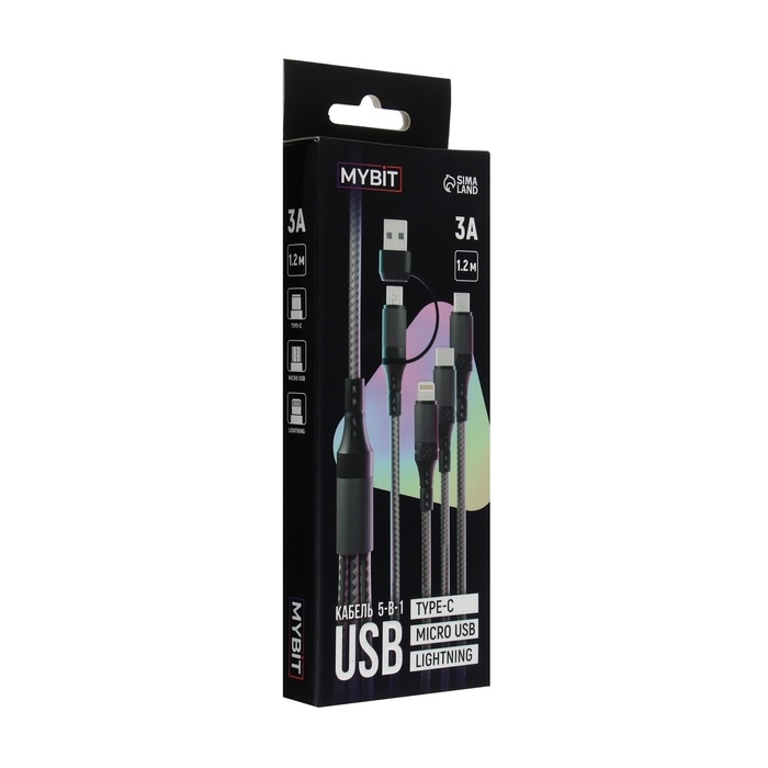 Кабель 5 в 1 MYBIT, microUSB/Type-C/Lightning - Type-C/USB, 3 А, 1.2 м, только зарядка, черный
