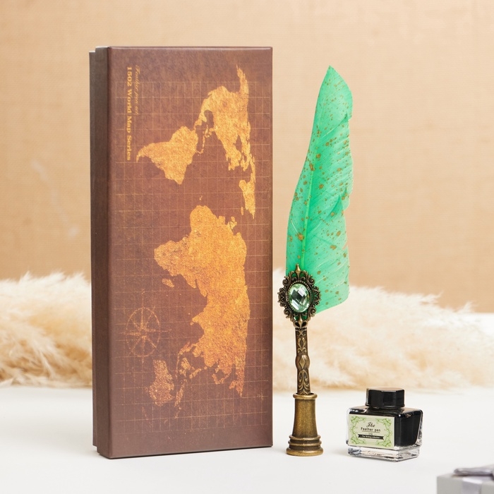 Набор подарочный 3в1 "Артефакт": перьевая ручка на подставке, чернила, наконечники, зеленый