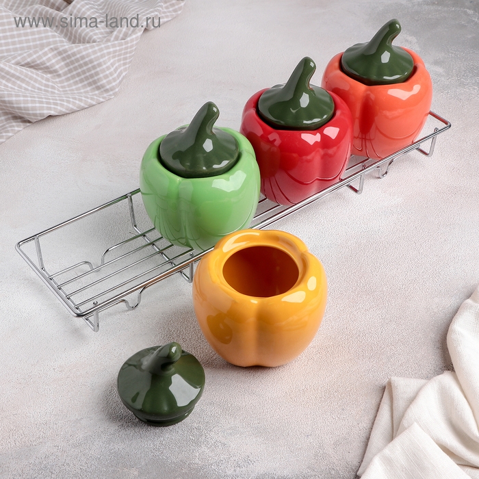 Набор банок керамических для сыпучих продуктов на металлической подставке «Перцы», 4 предмета: 400 мл Набор банок керамических для сыпучих продуктов на металлической подставке «Перцы», 4 предмета: 400 мл