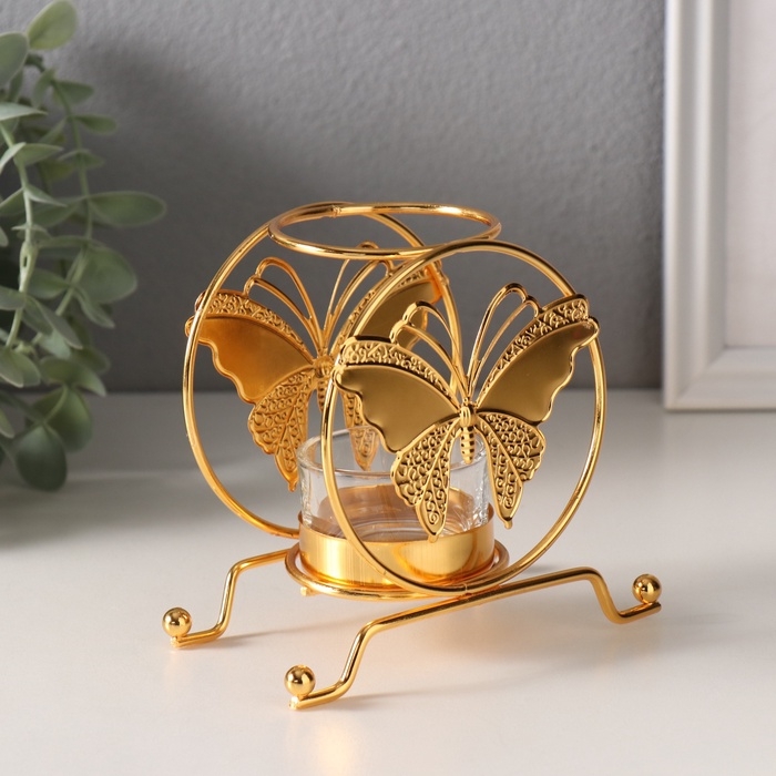 Подсвечник металл на 1 свечу "Бабочка в круге" d=4,5 см золото 6,2х11,2х10,5 см