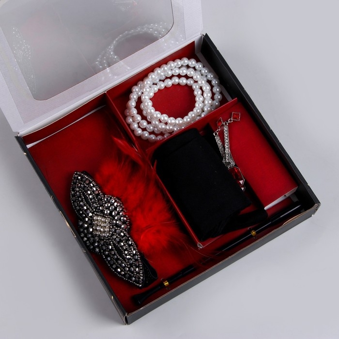 Карнавальный набор «Леди»: повязка, перчатки, серьги, бусы, мундштук Карнавальный набор «Леди»: повязка, перчатки, серьги, бусы, мундштук