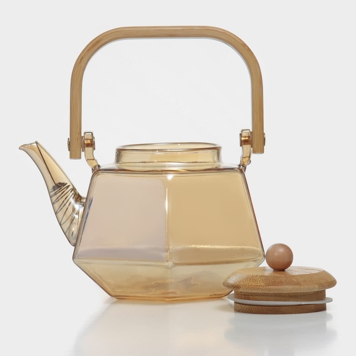 Чайник стеклянный заварочный с бамбуковой крышкой и металлическим фильтром «Октогон», 800 мл, цвет золотой Чайник стеклянный заварочный с бамбуковой крышкой и металлическим фильтром «Октогон», 800 мл, цвет золотой