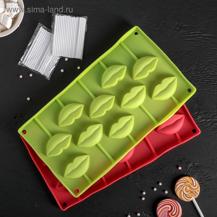 Форма леденцов Доляна &laquo;Поцелуй&raquo;, силикон, 28,5&times;16 см, 10 ячеек (6&times;3см), с палочками, цвет МИКС