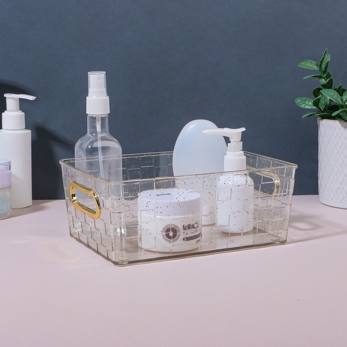 Органайзер для хранения «SHINE», с ручками, 1 секция, 20,5 × 14,5 × 7,8 см, цвет прозрачный/золотистый Органайзер для хранения «SHINE», с ручками, 1 секция, 20,5 × 14,5 × 7,8 см, цвет прозрачный/золотистый