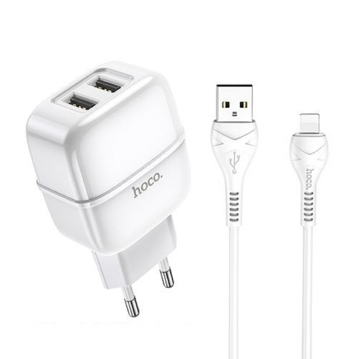 Сетевое зарядное устройство Hoco C77A, 2хUSB, 2.4 А, кабель Lightning, 1 м, белое Сетевое зарядное устройство Hoco C77A, 2хUSB, 2.4 А, кабель Lightning, 1 м, белое
