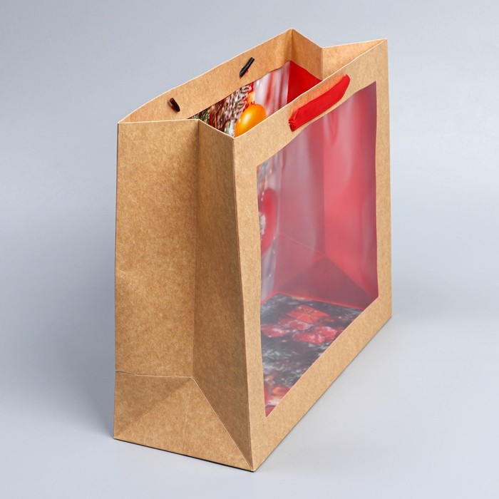 Пакет подарочный новогодний крафтовый с пластиковым окном &laquo;Happiness&raquo;, 31 х 26 х 11 см