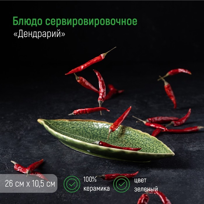 Блюдо керамическое сервировочное «Дендрарий», 26×10,5×1,5 см, цвет зелёный Блюдо керамическое сервировочное «Дендрарий», 26×10,5×1,5 см, цвет зелёный