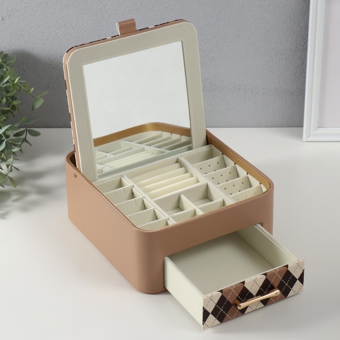 Шкатулка кожзам для украшений "Клетка" бежевая 20х22,5х9,5 см