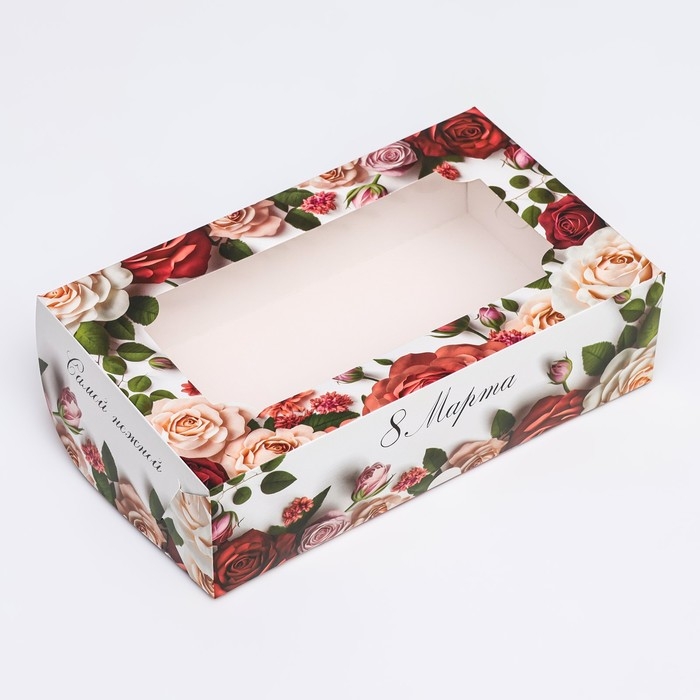 Коробка складная с окном под зефир Коробка складная с окном под зефир "8 марта, розы", 25 х 15 х 7 см