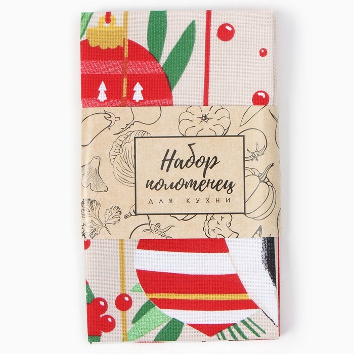 Новый год. Набор полотенец Доляна "Новогодние игрушки" 28х46 см - 2 шт, 100% хл, рогожка 164 г/м2